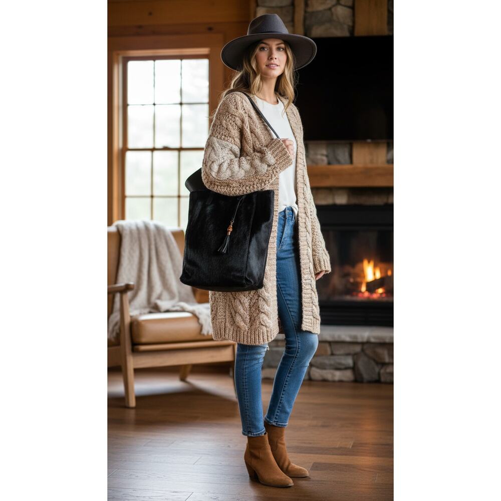 Trendy Black Faux Fur & Pebble Leather Tote Bag w/ Tassel Charm